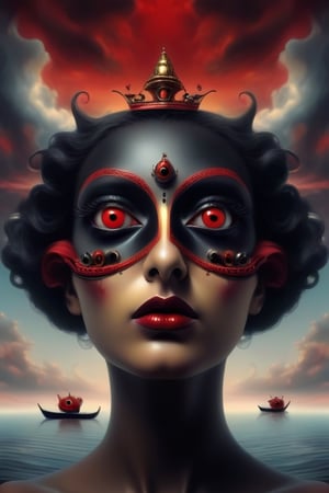 women dark black face with red eyes looking straight at you in a boat More surrealism and madness.much more surrealism and crazy designs. With gold and cardinal red surreal Salvador Dali clouds coming out of her head.more surrealism and bizarre designs with bright vibrant colours