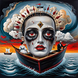 couple with a  man, a bright white face, and women dark black face with red eyes looking straight at you in a boat More surrealism and madness.much more surrealism and crazy designs. With gold and cardinal red surreal Salvador Dali clouds coming out of her head.more surrealism and bizarre designs with bright vibrant colours lowbrow art style, surreal 8k,oil paint , in the style of esao andrews,darkart