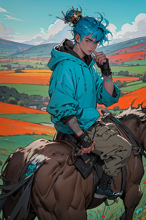 (master piece), vivid, man, male, 20 years old, blue pupils, Comma hair, multicolored hair, cyan bangs, oversized cyan hoodie, cargo pants, black shoes, white gloves, white ring in middle finger right hand, black ring in middle finger lefthand, light brown skin, meadow background, eyebags, muscular_body, one person in frame, crown, face focus portrait, hand in pocket,perfect, swords
,1boy,weapon, Horseback riding