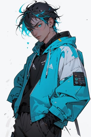 (master piece), vivid, man, male, 20 years old, blue pupils, Comma hair, multicolored hair, cyan bangs, oversized cyan hoodie, cargo pants, black shoes, white gloves, white ring in middle finger right hand, black ring in middle finger lefthand, light brown skin, white background, eyebags, muscular_body, one person in frame, crown, face focus portrait, hand in pocket,perfect, swords
,1boy,weapon