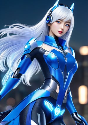 Best picture quality, high resolution, 8k, realistic, sharp focus, realistic image of elegant lady, Korean beauty, supermodel, pure white hair, blue eyes, wearing high-tech cyberpunk style blue Batgirl suit, radiant Glow, sparkling suit, mecha, perfectly customized high-tech suit, ice theme, custom design, 1 girl,mecha