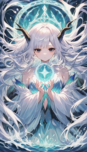 Abstract style 1girl, monster girl, in the sea, magic circle in her hands, water aura, long horns, long hair, floating hair,  white hair, black eyes, Non-representational, colors and shapes, expression of feelings, imaginative, highly detailed