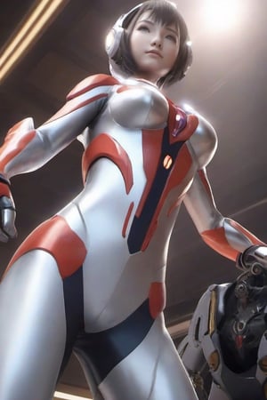 1girl,ultraman,bodysuit,looking at viewer,glowing,mecha,glowing eyes,science fiction,,large breasts,open clothes