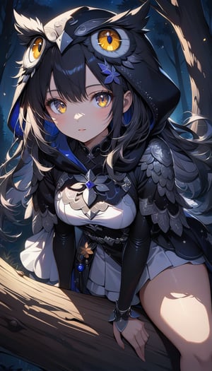 Ultra High Resolution, 4K, Masterpiece, Soft Light and Shadow, Night Sky, Night, Looking into the Distance, 1 Girl, Solo, High Detailed Face, Silver High Detailed Shiny Eyes, Black Shiny Detailed Fine Hair, Fair Skin , sexy and delicate adventurer costume, detailed owl hood, exquisite maple leaf hair accessories, colorful hair, long hair, charming eyes, exquisite facial features, beautiful appearance, medium chest, perfect slim figure, sitting on a big tree branch above, holding hands on tree trunk, forest background, depth of field,