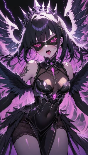 1girl, black hair, bangs, sexy, queen, crown, blindfold lace, open mouth, tongue out, let down hair, beautiful, sexy, shiny skin,  see through dress, full torso visible, under light hair, glowing hair, blush, scar,  goth, wings, dynamic pose
neon, futuristic, lots of tattoo, throne background, clouds, lightning strikes, torso shot, high contrast
sinozick style, fantasy, perfect quality, high quality, colorful background, detailed, detailed dark anime sketch