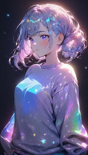 1girl, solo, holographic art, holographic clothes, stars, holographic, random pose, casual outfit, light particles, random hairstyle, multicolored, holographic makeup, upper body, ((masterpiece quality: 2))