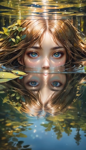 Mysterious female eyes in a lake, (only her eyes are above water-level, water reflection), goddess, alluring, by Minjae Lee, Carne Griffiths, Emily Kell, Steve McCurry, Geoffroy Thoorens, Aaron Horkey, Jordan Grimmer, Greg Rutkowski, amazing depth, double exposure, surreal, geometric patterns, intricately detailed, bokeh,  perfect balanced, deep fine borders, artistic photorealism , smooth,  great masterwork by head of prompt engineering     