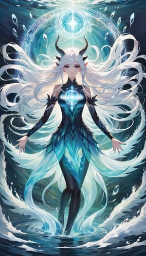 Abstract style 1girl, monster girl, in the sea, magic circle in her hands, water aura, long horns, long hair, floating hair,  white hair, black eyes, Non-representational, colors and shapes, expression of feelings, imaginative, highly detailed