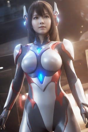 1girl,ultraman,bodysuit,looking at viewer,glowing,mecha,glowing eyes,science fiction,,large breasts,open clothes