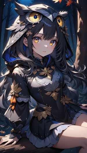 Ultra High Resolution, 4K, Masterpiece, Soft Light and Shadow, Night Sky, Night, Looking into the Distance, 1 Girl, Solo, High Detailed Face, Silver High Detailed Shiny Eyes, Black Shiny Detailed Fine Hair, Fair Skin , sexy and delicate adventurer costume, detailed owl hood, exquisite maple leaf hair accessories, colorful hair, long hair, charming eyes, exquisite facial features, beautiful appearance, medium chest, perfect slim figure, sitting on a big tree branch above, holding hands on tree trunk, forest background, depth of field,
