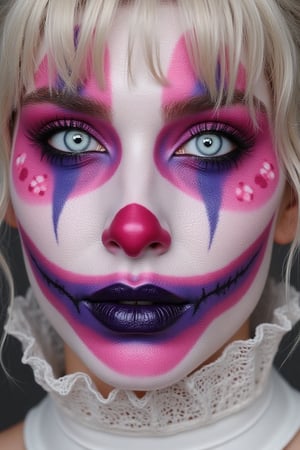 Close-up of a person's face with elaborate creepy clown makeup. 


The makeup features bright pink and white areas, with darker purple and black accents. The face is painted with a clown-like design, including exaggerated features like the eyes, nose, and mouth.  The eyes have white contact lenses, creating a striking contrast with the black and purple makeup around them.  Eyelashes are also applied, with dark, feathery false lashes. The mouth is a wide, sinister smile, with a dark purple-blue outlining its shape.


There are small, pink flower-like designs at the corners of the eyes and cheeks.  The overall effect is one of a theatrical, unsettling clown makeup, likely for a Halloween or special event costume. The person's hair is light blonde/platinum blond, visible as a fringe/side-swept style around the face. 


The skin appears to be fair and smooth, though not fully natural due to the layers of makeup. A lacy, white fabric collar, or ruffle, is visible at the base of the neck.