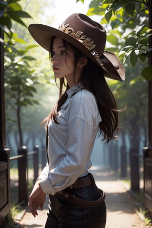 1 girl, very bright backlighting, serene atmophere background, (cowboy shot:1.3)