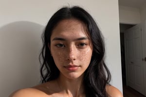 instagram selfie , a 23 year old gorgeous woman , slight smile , detailed skin face and eyes , natural lighting , at home , long hair, topless , film grain, low contrast, natural face , freckles , black hair , blue eyes, dark circles under eyes