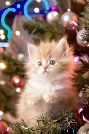 Highest quality Christmas kitten, fluffy beige kitten with neon light on Christmas tree, neon light is Logo ADATA