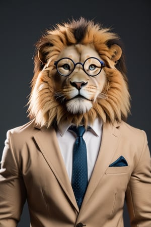 A strong,lion with a muscular build with round glasses. wearing  a coat and tie. in a poitraite