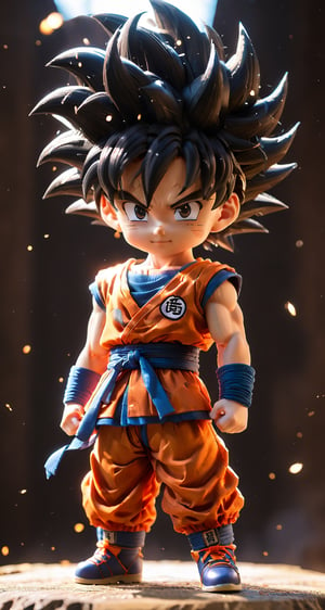 (a songoku in Dragon Ball ), small and cute, (eye color switch), (bright and clear eyes), anime style, depth of field, lighting cinematic lighting, divine rays, ray tracing, reflected light, glow light, side view, close up, masterpiece, best quality, high resolution, super detailed, high resolution surgery precise resolution, UHD, skin texture,full_body,chibi