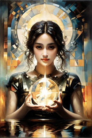 In the radiant glow of a sacred ambiance, geometric forms create an otherworldly realm. The protagonist, with a gentle smile and mysterious gesture, captivates onlookers. The enigmatic gesture evokes a sense of reverence, casting an aura of mystery across the entire piece. This artwork combines a divine atmosphere with geometric beauty, delivering a sublime experience that leaves viewers in awe