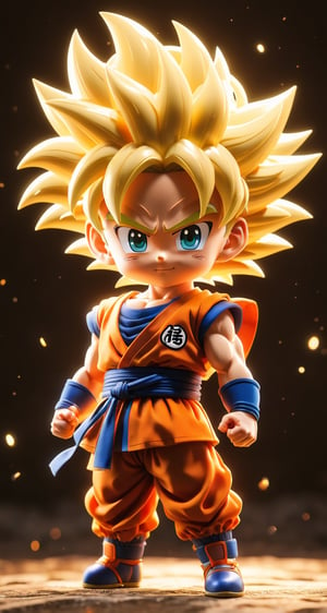 (a songoku in Dragon Ball ), small and cute, (eye color switch), (bright and clear eyes), anime style, depth of field, lighting cinematic lighting, divine rays, ray tracing, reflected light, glow light, side view, close up, masterpiece, best quality, high resolution, super detailed, high resolution surgery precise resolution, UHD, skin texture,full_body,chibi