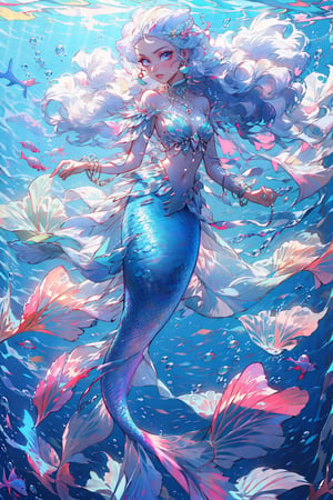 1girl, solo, long hair, breasts, jewelry, full body, closed eyes, white hair, necklace, floating hair, gem, fish, bubble, underwater, air bubble, mermaid, head fins, pearl \(gemstone\), mermaid,(best quality