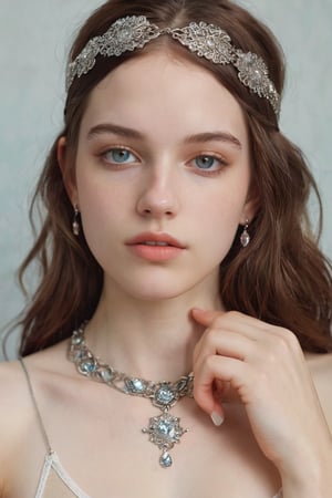 Beautiful woman, teenager, white skin, no bra, analog photograph, professional fashion photoshoot, hyperrealistic, masterpiece, trending on artstation,krrrsty, Tiny tits, armlet, necklace, pendant, bracelet, earring, ring, anklet, choker, bangle, cufflinks, charms, nose ring, body chain, silver steel cloak, diamond headband, safety gloves, nude, full-body_, no clothes, slim, nude