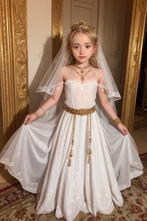 little girl,  10 yo,  white skin,  Tiny tits,  queen crown,  belt,  pendant,  bracelet,  earring,  necklace,  choker,  armlet,  anklet,  body chain,  diamond headband,  piercing,  armor shoulder,  standing,  queen clothes, wearing hijab,