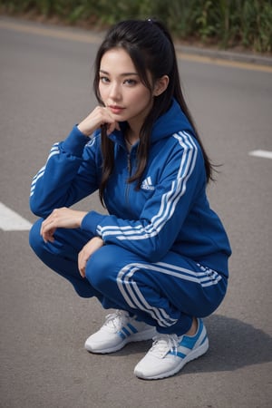 Korean woman,slav squat, blue adidas full tracksuit