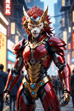 Teenager, (8k uhd, masterpiece, best quality, high quality, absurdres, ultra-detailed, detailed background, centralized, full-body portrait), Cyborg version of (beautiful Chinese woman). sole_female, anthropomorphic girl, golden fur, muscular, divine, charismatic, mischievous. | A perfect mashup between Journey To The West's Sun Wukong and a futuristic cyborg. | (((mixed red-golden colored theme))). cables, gears, in place of the muscles and hairs, ((glowing eyes, 
Luminous_iris )), detailed facial expressions, ((H.R.Geiger)), intricate details,, 
dynamic lighting, bokeh.,EpicSky,cyborg style,HellAI,cyborg,android,hdsrmr