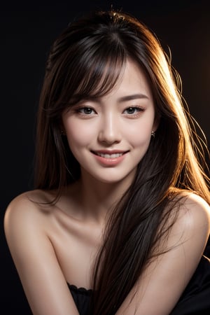 masterpiece, best quality, photorealistic, raw photo, 1girl, long hair, light smile, detailed skin, pore, off_shoulder, low key, black_background.