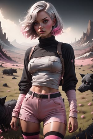 (((masterpiece))),best quality, illustration, Beautiful woman with bob cut platinum ombré hair, Pink eyes, and freckles. wearing adventurer outfit, bootyshorts and thigh highs. feminine pose in a field. on black canvas in the style of guillem h. pongiluppi, abigail larson, ominous landscapes, john sloane, light gray and pink, energy-filled illustrations
,more detail XL,Comic Book-Style,3d