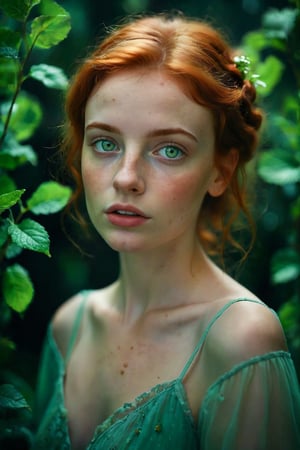 raw realistic potarait of beautiful girlA short, petite frame. Hair so red and wavy falling just past her shoulders, surrounding a circular face with softness, light freckles on her nose, naturally arched red eyebrows over bright green eyes that looked almost blue in some lights., indoor background grainy cinematic, godlyphoto r3al,detailmaster2,aesthetic portrait, cinematic colors, earthy , moody, look , grainy cinematic, fantasy vibes godlyphoto r3al,detailmaster2,aesthetic portrait, cinematic colors