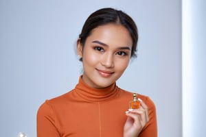 Indonesian and European crossbreed beautiful lady, sitting with face looking to camera, holding a very very small orange perfume bottle, the bottle does not block the face, in a state of happy, 25 years old, seductive big smile, glamour sensual face, dark makeup, beautiful long black slightly wavy hair, beautiful thin arched brown eyebrows, hyperdetailed brown eyes, perfect detailed human face: 1.4, chest size 90, hips size 90, wearing orange high-collared t-shirt, sitting in front of very bright white background, she holding a very small perfume bottle, a small orange perfume bottle, face facing the camera, relaxed face, bright white lighting, upper body, bright room, ((bokeh)), photo studio, midday, perfect and beautiful fingertips and nails, both of hand only has 5 fingers, proportional finger, normal shape finger, Nails are not long, normal nails, beautiful nails, nails are not painted, beauty shoot