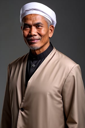 Hyperrealistic photo, 60 year old Indonesian man, wearing islamic man clothes with a white traditional 'koko shirt' with a Mandarin collar shirt under a black blazer, He wore a green 'rida' (shoulder shawl) draped over his shoulders and wore a black Indonesian 'peci' (traditional Muslim cap), smiling at the camera with his arms in a ready position, gray background. Use soft photography lighting. Hair lighting, top lighting, side lighting, high quality photos, UHD, 16K,mature