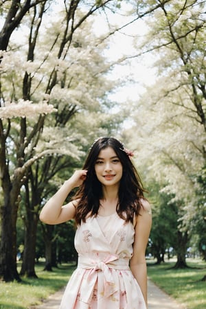 A beautiful woman adorned in a pastel minidress and high-heeled shoes stands in the midst of a park filled with blooming cherry blossom trees. With captivating grace, she strikes a seductive pose, exuding confidence and beauty amidst the blossoming trees. Her facial expression reflects joy and natural charm, creating a captivating and beautiful image in the midst of the flourishing cherry blossoms atmosphere,intricate printing pattern 