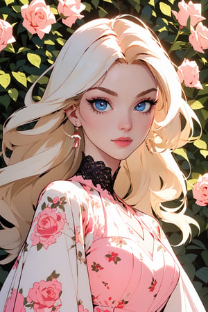 Masterpiece, 1girl, solo, portrait, illustration, Aphrodite, (caucasian_pale_white_female:1.5) , blue eyes, light smile, big_breasts , very long hair, blonde_hair,,{garden full of (roses:1.2) background} , perfect shading , high contrast, (make-up) , (pink eye shadow) , (black eye liner) ,very long pink Vintage women's elegant (spring floral long dress) ,lolita_dress, jewellery, ,Niji style, ,intricate printing pattern 