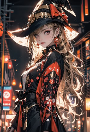 Red eyes, evil, golden, shiny, gold hair,High detailed ,midjourney,perfecteyes,Color magic,urban techwear,hmochako,better witch,witch, witch,Long hair,free style,horror (theme),intricate printing pattern 