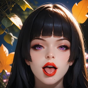 score_9, score_8_up, score_7_up, realistic, night, flowers, leaf, 1girl, (portrait:1.2), (face focus:1.2), looking at viewer solo, naughty smile, open mouth, red lipstick, black eyeliner, tongue, purple eyes, mole under mouth, long hair, black hair, hime cut,doaNyo