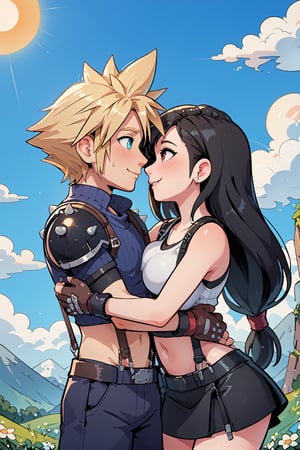 score_9, score_8_up, score_7_up, sky, clouds, sun, mountain, hetero, imminent kiss, shy, smile, 1boy, buster sword, cloud strife, blonde hair, spiked hair, 1girl, tifa lockhart, black hair, large breasts, long hair, suspender skirt, crop top, suspenders, couple, hugging, gloves, low-tied long hair, skirt, shoulder armor, midriff, armor