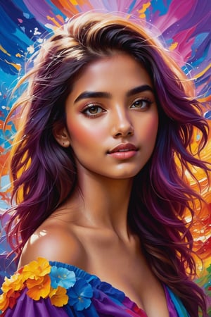 An enchanting 8K oil painting masterpiece, (A vibrant and youthful woman, 18 years old, her hair artfully tousled:1.3), Exquisitely portraying her perfect face with soft, flawless skin, adorned with a delightful blend of blue, yellow, light purple, and violet hues, accentuated with hints of light red, (An intricate celebration of beauty:1.3), Every detail meticulously crafted in a mesmerizing display of colors, resembling a stunning splash screen, (An 8K resolution masterpiece that captivates the eye:1.3), A cute face brought to life in the realm of art, destined to grace ArtStation's digital painting hall of fame, (A smooth and artistic portrayal that defies convention:1.3)