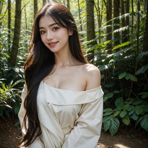 8k, highest quality, ultra details, masterpiece, best quality, photorealistic, raw photo, 1girl, long hair, blouse, light smile, detailed skin, pore, off-shoulder, low key, mystical forest setting.