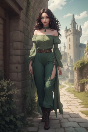 ((Masterpiece, Best quality, A high resolution, ultra detailed),(beautiful and aesthetically pleasing:1.2), 1 woman, adult, Perfect body, Wavy dark hair, beautiful luxurious hairstyle, ((Green eyes)), detailed eyes and face, whole body, Healer outfit, trousers, boot, Middle Ages, RPG, Medieval landscape, Castle, full body