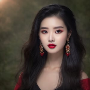 (8k, RAW photo, best quality, masterpiece:1.2),(realistic, photo-realistic:1.37),1girl, solo, jewelry, earrings, black hair, long hair, looking at viewer, black eyes, realistic, face, upper body, black background,full  breasts, red lips, collarbone, simple background, cleavage, eyeshadow, multicolored hair <:Yanxin:1>