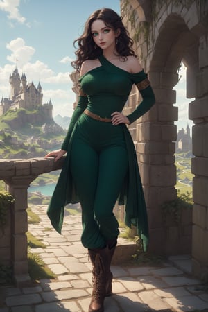 ((Masterpiece, Best quality, A high resolution, ultra detailed),(beautiful and aesthetically pleasing:1.2), 1 woman ,big breasts , adult, Perfect body, Wavy dark hair, beautiful luxurious ,beautiful face ,hairstyle, ((Green eyes)), detailed eyes and face, whole body, Healer outfit, trousers, boot, Middle Ages, RPG, Medieval landscape, Castle, full body