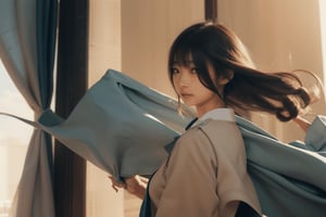 masterpiece, best quality, Japanese girl, bangs, school_uniforms, library, NCT0, Curtains swaying in the wind, sunlight streaming in, (wind:1.3)