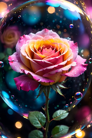 close up angle of ((Rose )), ( inside the bubble), detailed focus, deep bokeh, beautiful, dreamy colors, dark cosmic background. Visually delightful ,3D,more detail XL
