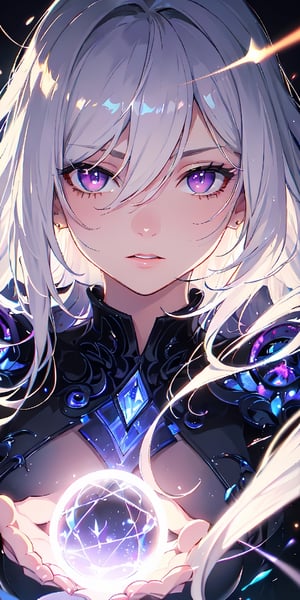 (masterpiece, best quality, ultra-detailed, best shadow), (detailed background,dark fantasy), (beautiful detailed face), high contrast, (best illumination, an extremely delicate and beautiful), ((cinematic light)), colorful, hyper detail, dramatic light, intricate details, (1girl, solo,white hair, sharp face,purple eyes, hair between eyes,dynamic angle), blood splatter, swirling black light around the character, depth of field,black light particles,(broken glass),magic circle,