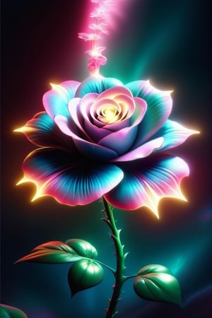 generate an alien flower, in a hyper realistic and 3D style. raytracing, it should be a rose and it should have a pink aura arround it. The stem should be visible. ,Flora