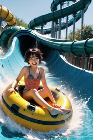 (A very beautiful 20-year-old Japanese woman in a micro bikini is having fun sliding down a water slide at a water park, splashing water all over her.) (Very long water slide: 1.5) (Sliding down the water slide: 1.3) (Large water splashing violently: 1.5) (Water flowing down the water slide) (Very short pixie cut hair: 1.4)

Best quality, Top Quality, Ultra High Resolution, 8k, Masterpiece UHD, Unparalleled Masterpiece, Ultra Realistic 8K, High resolution, Vivid and dynamic, Focus on her unparalleled figure, Make the subject stand out, Focus on Her, innocent face, 18 years old, adult female, one person, tanglistening skin, Japanese, Are thin, full body, natural smile,shiny skin, gloss skin, tanglistening skin, detailed skin,Super realistic,Super realistic phpto, lazy river, trees, ((bare legs)), ((wet body)), ((splash)), ((sitting on colorful funny pattern innertube)), (((spiral waterslide))),(((from below)))