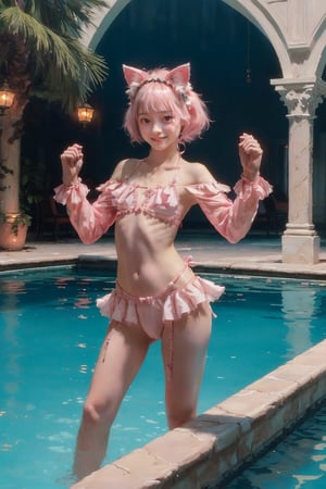 (A masterpiece movie with intense action),

(8K, raw photo, highest quality, masterpiece: 1.2), masterpiece, highest quality, incredible resolution, super detailed), realistic, vivid, realistic, masterpiece, highest quality, incredible resolution, super detailed), fantasy world like medieval Europe, RPG,　　　　　　　　(Very stylish pool at resort hotel: 1.4)

BREAK (Pink and white theme: 1.4), (Pink fake cat ears headdress: 1.4), (Pink off-shoulder micro bikini with frill decoration: 1.4) (Frills) (Bow ribbon on chest) (Standing: 1.3) (Cat paw pose with lightly clasped hands: 1.5)