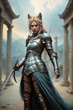 An ancient anthropomorphic wolf female knight is dressed in ancient knight light armor and is ready to defeat her enemies. Her fighting appearance is brave and godlike. Photo, beautiful, blurred temple background, colorful, masterpiece, best quality, best quality, official art, beautiful and aesthetic, realistic