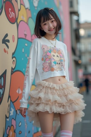 (Cute, kawaii theme: 1.5) (A 20-year-old Japanese super idol with a very slim figure, very flat chest, and very small breasts is wearing a Harajuku kawaii punk outfit and posing in front of cute pop street art.)

(The top is a super short crop long sleeve T-shirt with a Harajuku kawaii punk design, and it is so short that you can see her underboob from the hem.:1.5)
(The skirt is low-rise enough to show her lower abdomen, and is a super micro mini skirt with multiple layers of see-through organza fabric in a jagged frill shape to give it a voluminous feel, so much so that you can almost see her pants.:1.5)
(Thigh-high socks with horizontal stripes:1.5)
(Platform Mary Jane shoes with belt straps:1.5)
(She is posing cutely with her arms spread out happily:1.5)
(Very happy smile:1.5) (Very flat chest:1.5) (Very small chest:1.5)  (A cup breasts: 1.5) (Very thin: 1.5)(High twin tails: 1.4)(Princess cut with bangs: 1.4)(Lower abdomen: 1.5)(Underbust peeking out from under the shirt: 1.8)(Hip bones: 1.5)

Best quality, highest quality, ultra high resolution, 8k, masterpiece UHD, unparalleled masterpiece, ultra realistic 8K, high resolution, vivid and dynamic, unparalleled, focus on her figure, highlight the subject, focus on her, innocent face, 20 years old, adult woman, alone, tangled skin, Japanese, thin, full body, natural smile, shiny skin, shiny skin, tangled skin, fine skin, ultra realistic, ultra realistic PHTO,